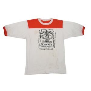 Vintage 80s Enco Jack Daniels Whiskey White and Orange Ringer Tee L